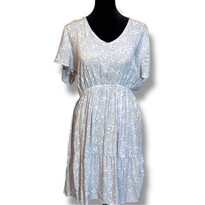 Yarn&Sea Baby Blue Floral Print Smocked Open Back Flutter Short Sleeve Sundress